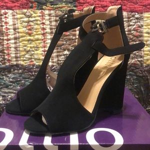 Black T-Strap Chunky High Heel Bootie Sandals